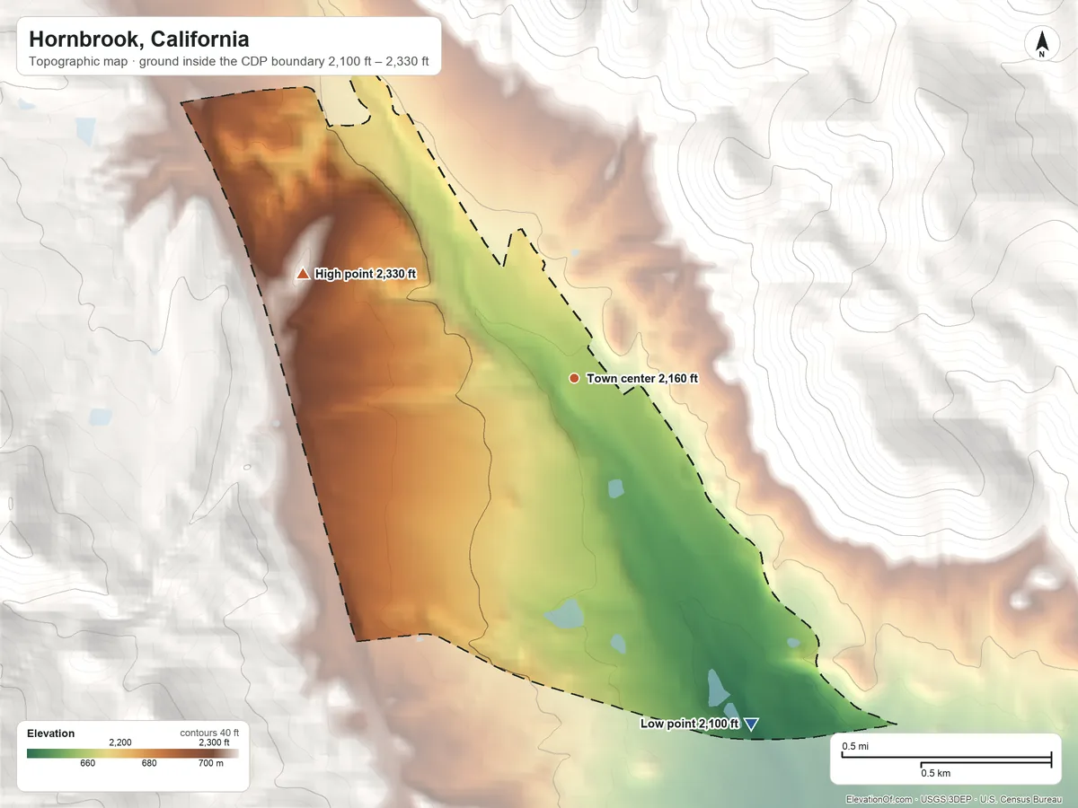 Topographic elevation map of Hornbrook, California, shaded from 2,100 ft on the southeast side to 2,330 ft on the west edge, below higher ground just outside