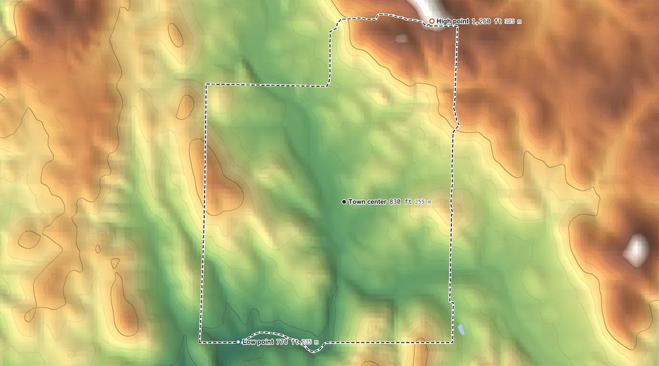 Topographic elevation map of Hornitos, California, shaded from 770 ft on the southwest side to 1,260 ft on the northeast side
