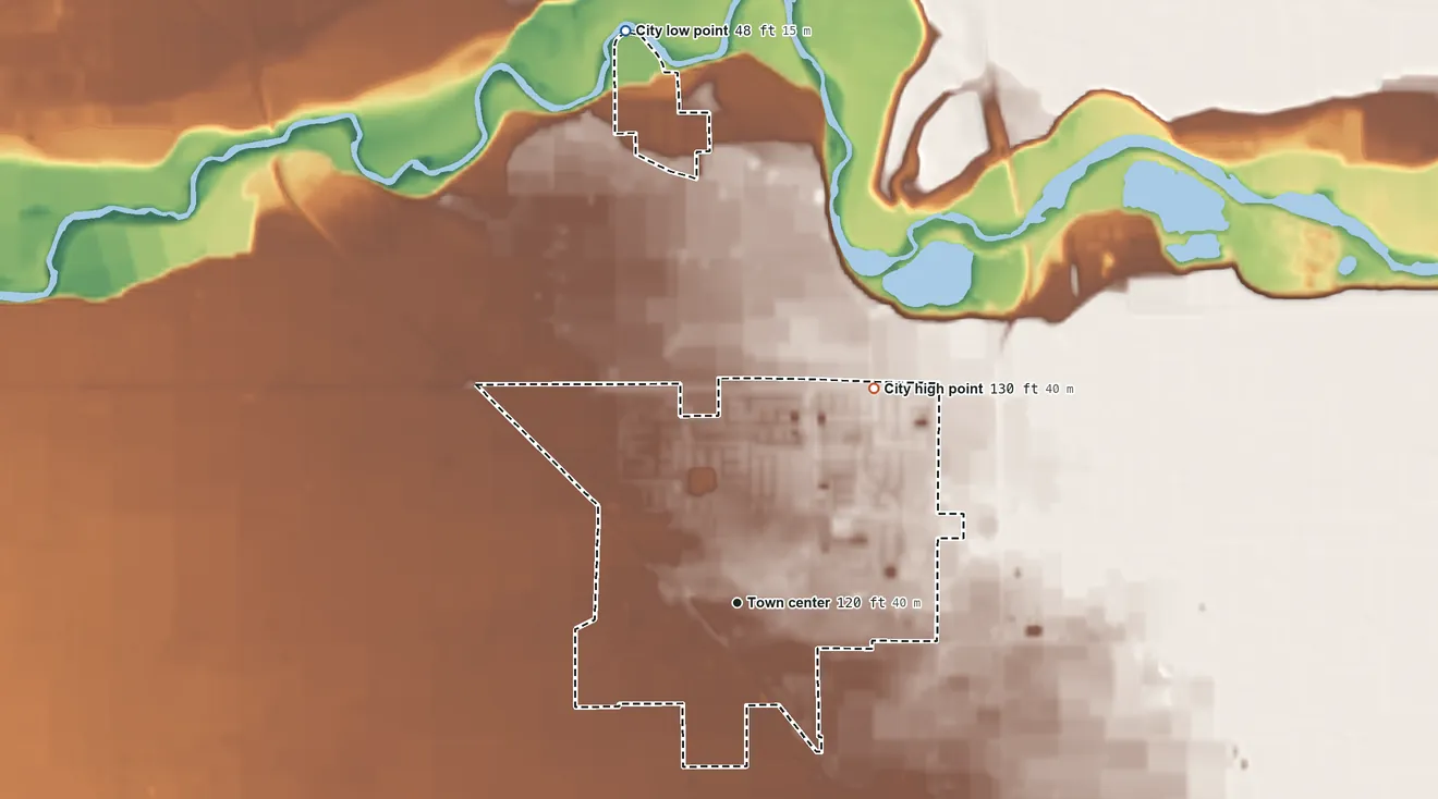 Topographic elevation map of Hughson, California, shaded from 48 ft on the north side to 130 ft on the northeast side