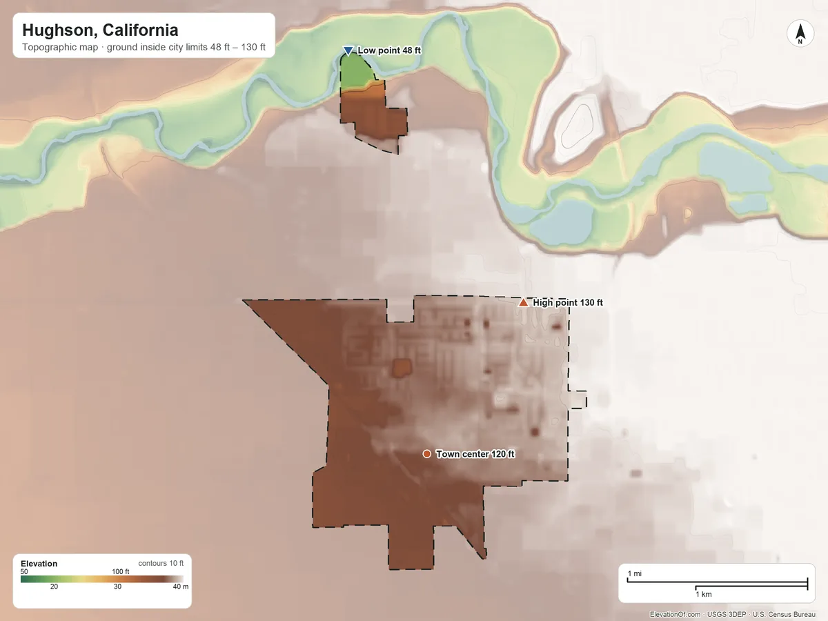 Topographic elevation map of Hughson, California, shaded from 48 ft on the north side to 130 ft on the northeast side