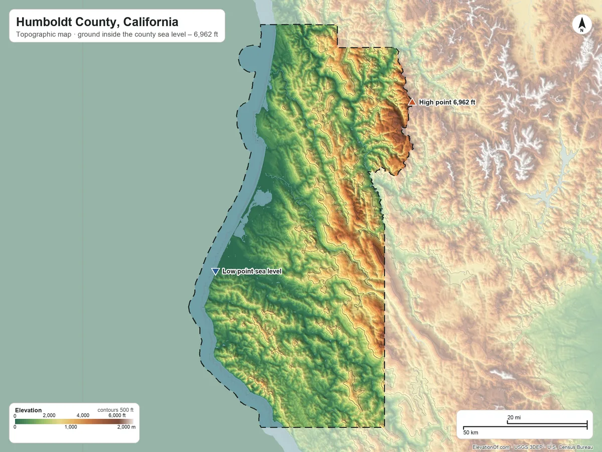 Topographic elevation map of Humboldt County, California, shaded from sea level on the Pacific Ocean to 6,962 ft on Salmon Mountain
