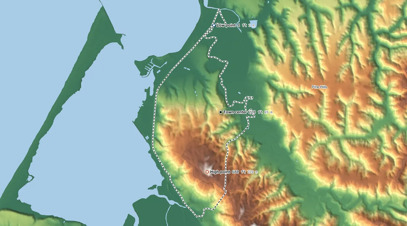 Topographic elevation map of Humboldt Hill, California, shaded from 4 ft on the north side to 680 ft on Humboldt Hill