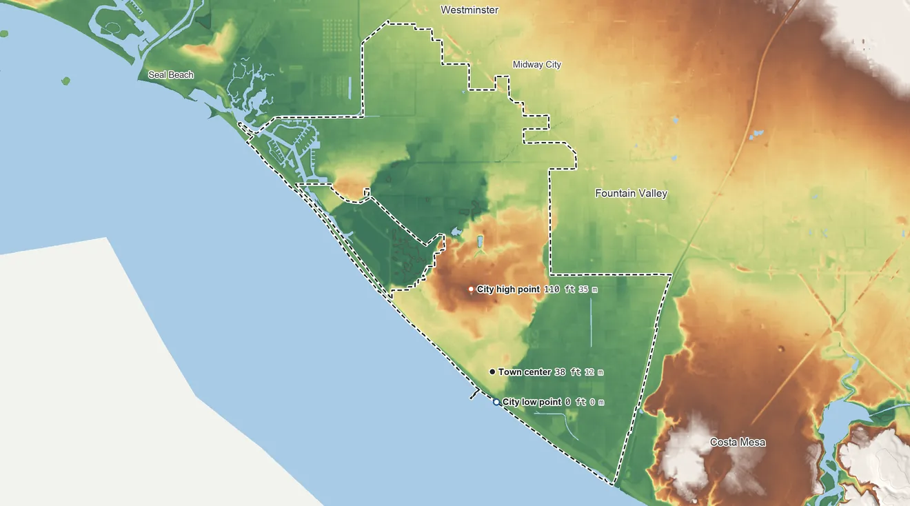 Topographic elevation map of Huntington Beach, California, shaded from sea level level on the Pacific Ocean to 110 ft on the north side