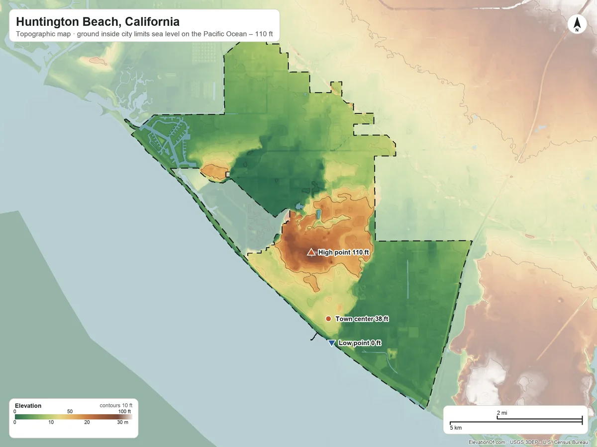 Topographic elevation map of Huntington Beach, California, shaded from sea level level on the Pacific Ocean to 110 ft on the north side