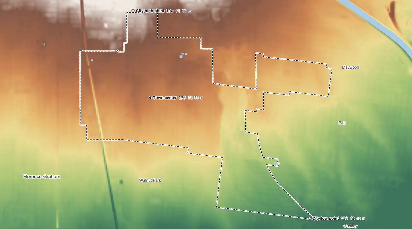 Topographic elevation map of Huntington Park, California, shaded from 130 ft on the southeast side to 190 ft on the north side