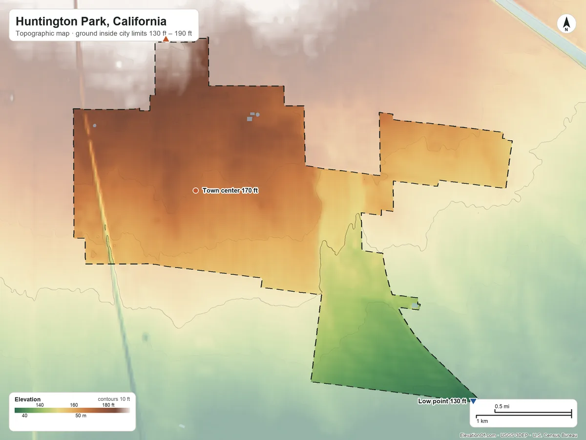 Topographic elevation map of Huntington Park, California, shaded from 130 ft on the southeast side to 190 ft on the north side