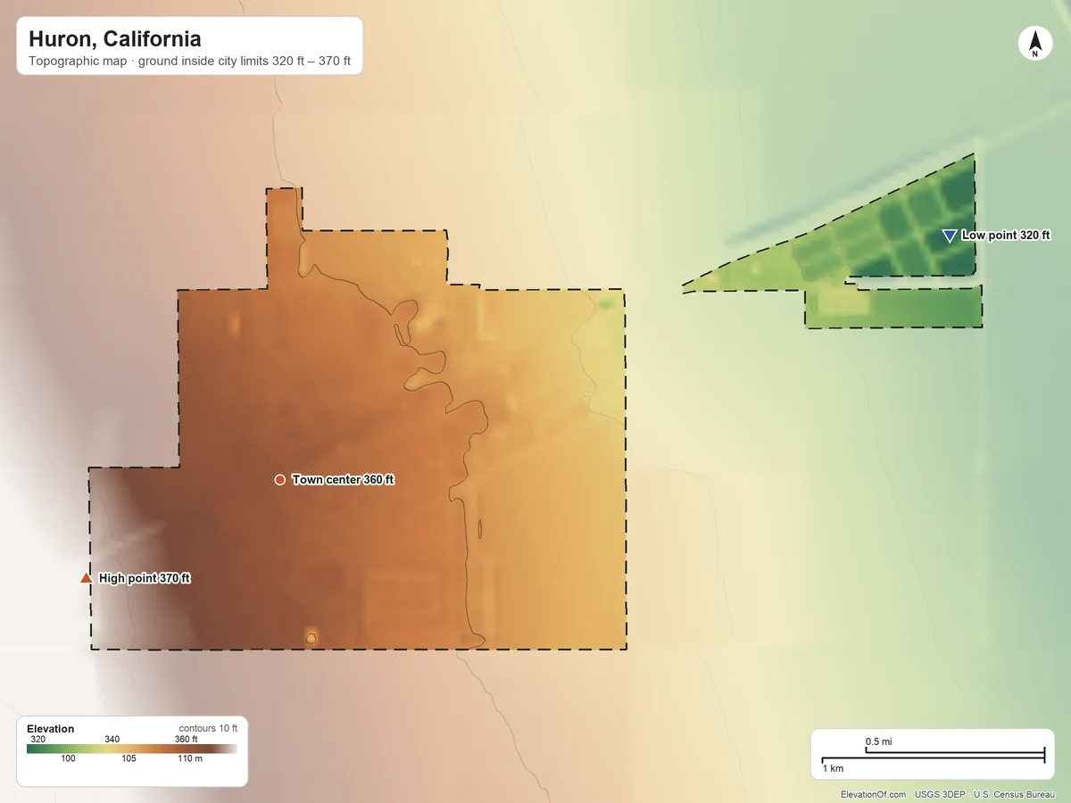 Topographic elevation map of Huron, California, shaded from 320 ft on the east side to 370 ft on the southwest side