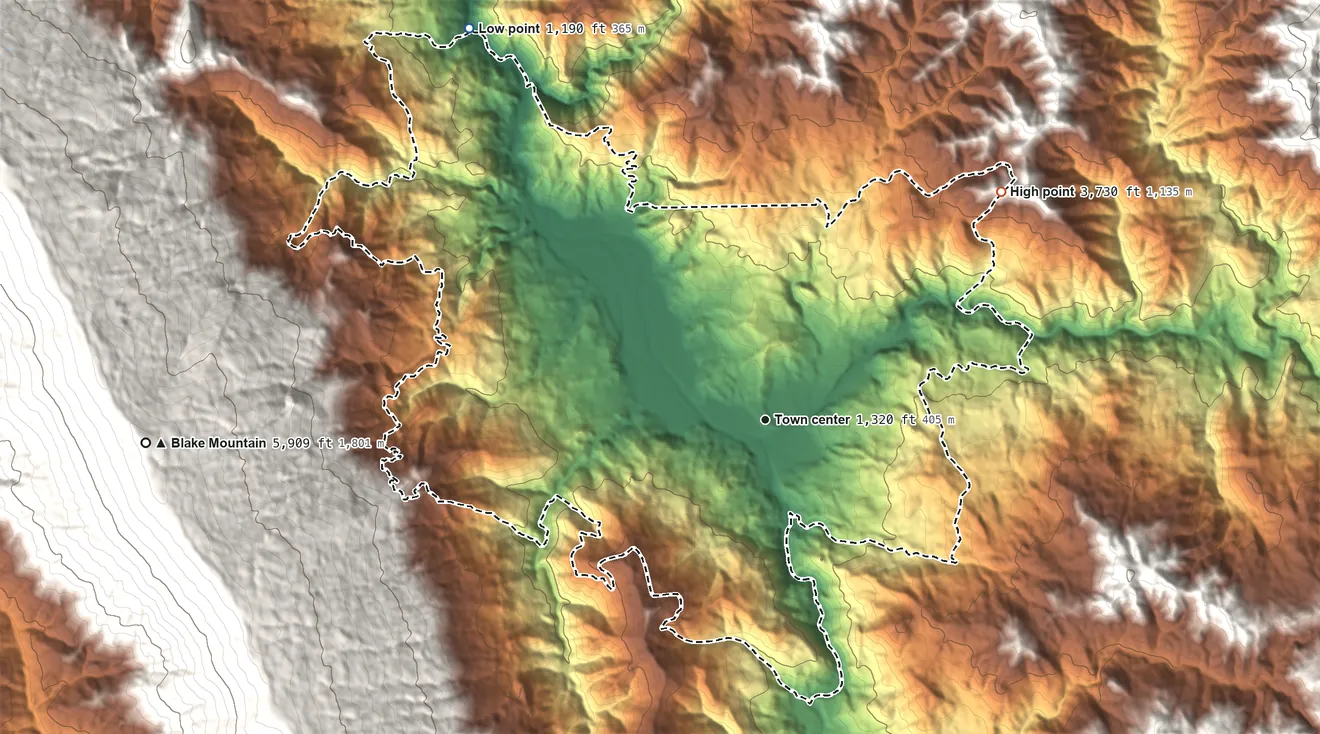 Topographic elevation map of Hyampom, California, shaded from 1,190 ft on the northwest side to 3,730 ft on the northeast side