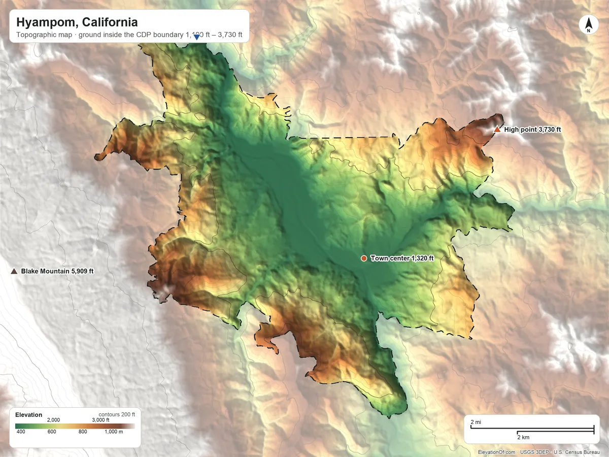 Topographic elevation map of Hyampom, California, shaded from 1,190 ft on the northwest side to 3,730 ft on the northeast side
