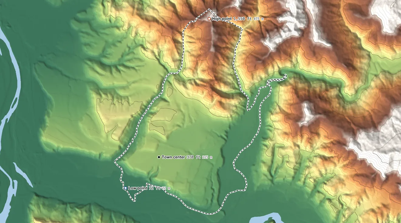 Topographic elevation map of Hydesville, California, shaded from 72 ft on the southwest side to 1,550 ft on the north edge, below higher ground just outside