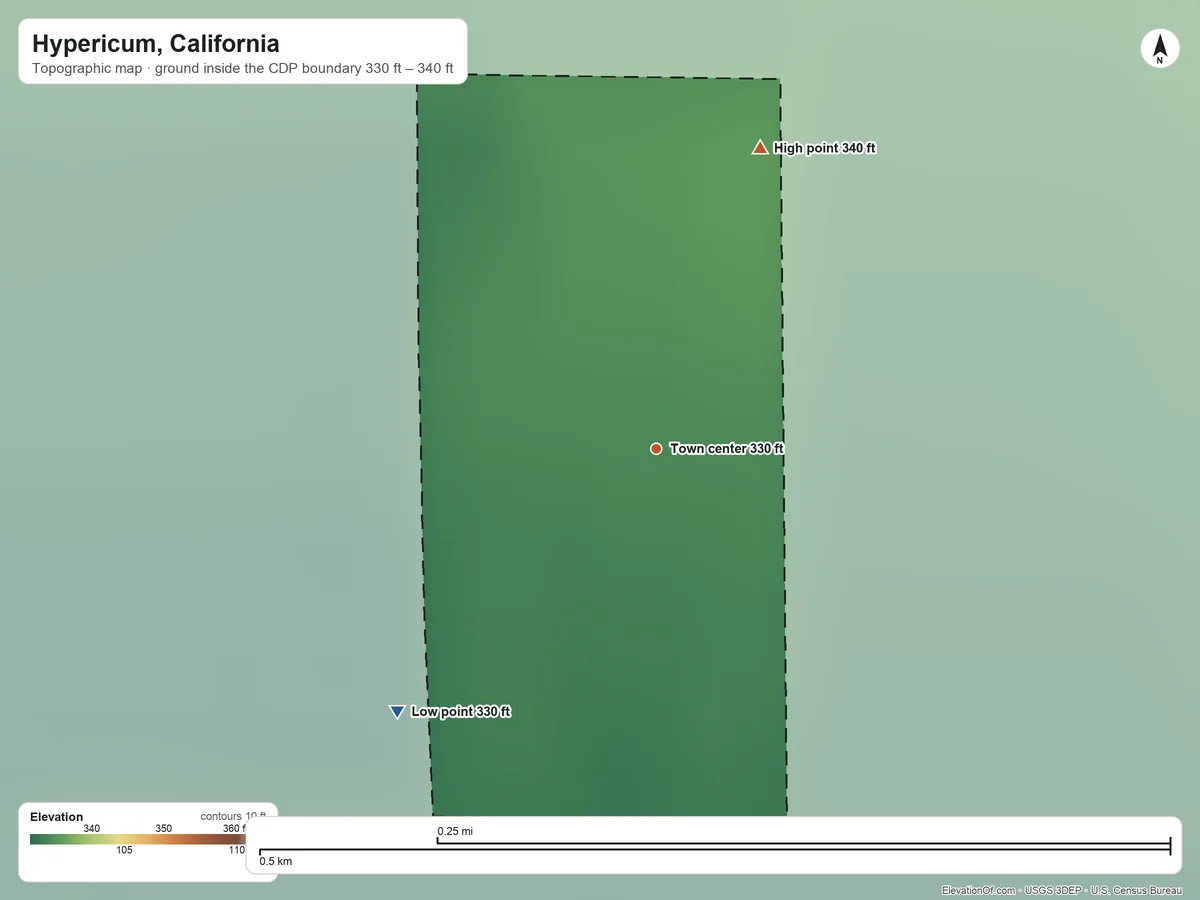 Topographic elevation map of Hypericum, California, shaded from 330 ft on the southwest side to 340 ft on the north side