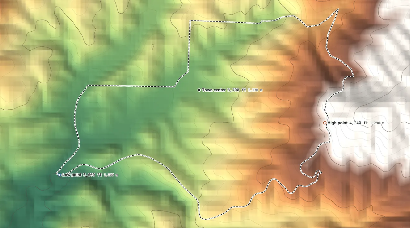 Topographic elevation map of Idlewild, California, shaded from 3,600 ft on the southwest side to 4,240 ft at the foot of the Greenhorn Mountains