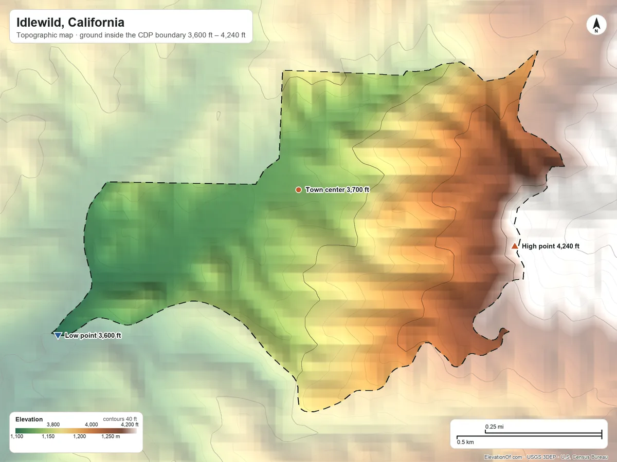 Topographic elevation map of Idlewild, California, shaded from 3,600 ft on the southwest side to 4,240 ft at the foot of the Greenhorn Mountains