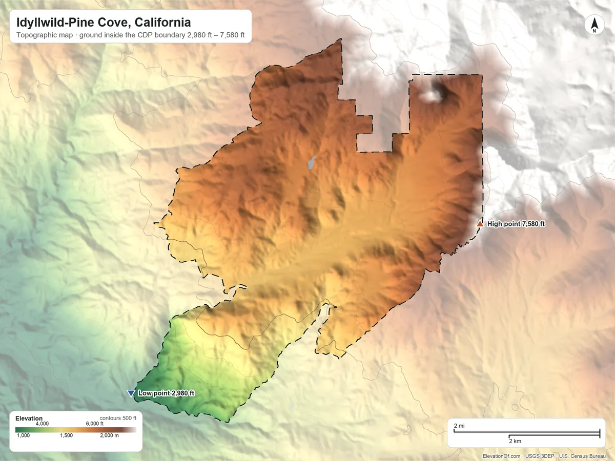 Topographic elevation map of Idyllwild-Pine Cove, California, shaded from 2,980 ft on the southwest side to 7,580 ft at the foot of the San Jacinto Mountains