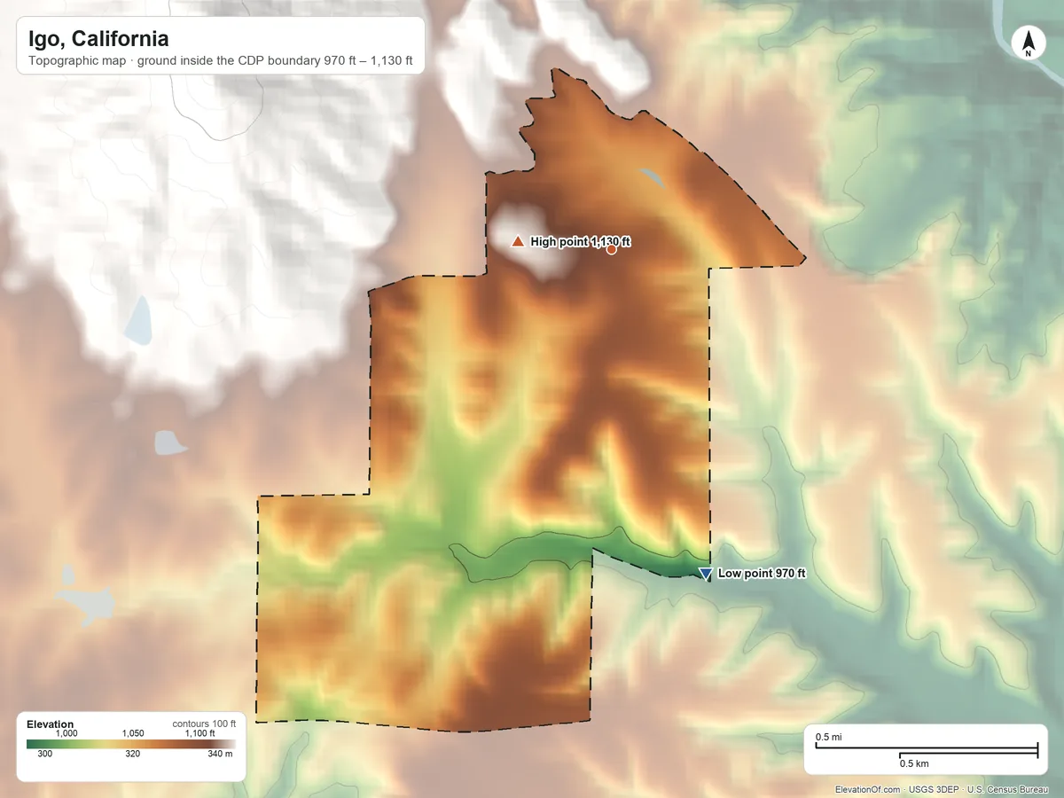 Topographic elevation map of Igo, California, shaded from 970 ft on the south side to 1,130 ft at the foot of the Bald Hills