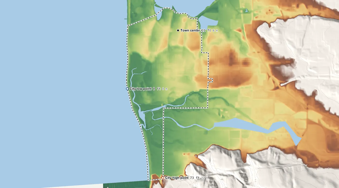 Topographic elevation map of Imperial Beach, California, shaded from sea level level on the Pacific Ocean to 73 ft on the south edge, below higher ground just outside