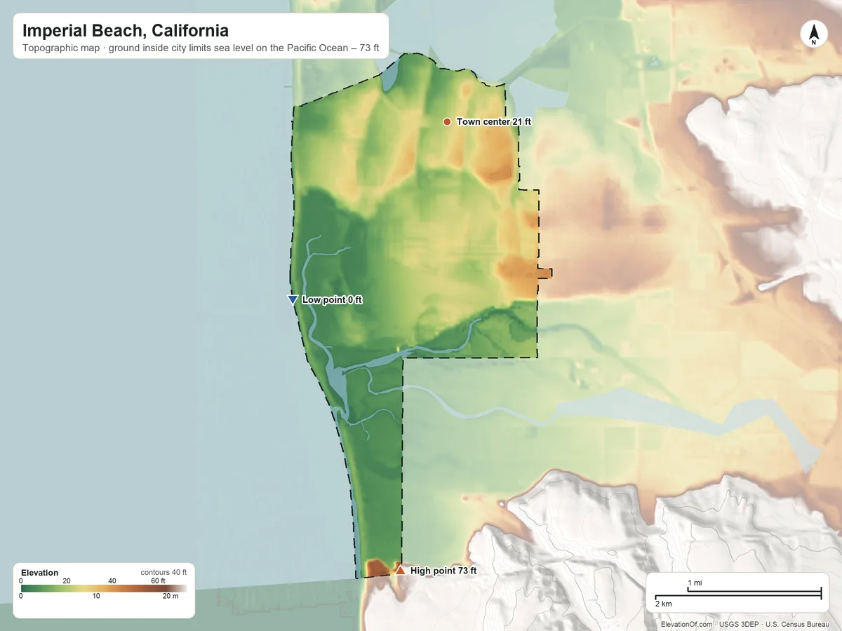 Topographic elevation map of Imperial Beach, California, shaded from sea level level on the Pacific Ocean to 73 ft on the south edge, below higher ground just outside