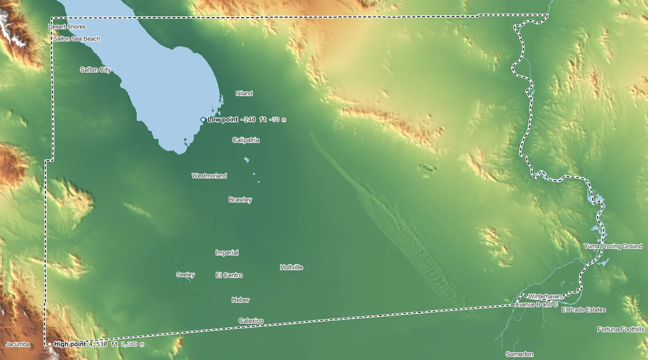 Topographic elevation map of Imperial County, California, shaded from 240 ft below sea level on the northwest side to 4,530 ft on the southwest side