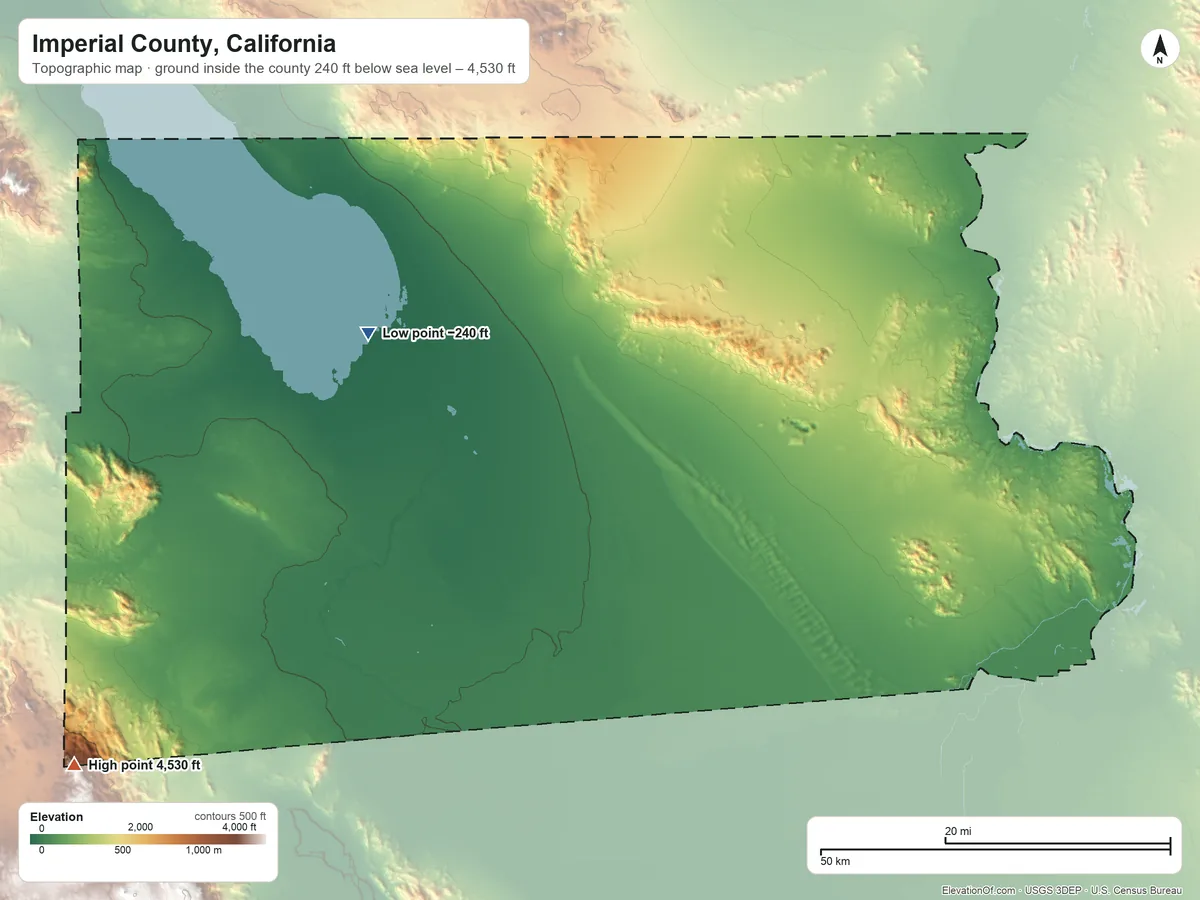 Topographic elevation map of Imperial County, California, shaded from 240 ft below sea level on the northwest side to 4,530 ft on the southwest side
