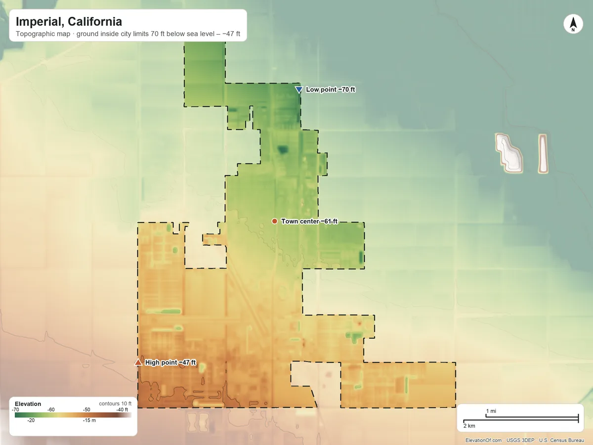 Topographic elevation map of Imperial, California, shaded from −70 ft on the north side to −47 ft on the southwest side