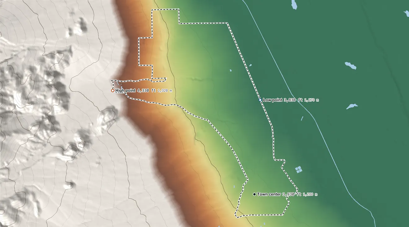 Topographic elevation map of Independence, California, shaded from 3,830 ft on the north side to 4,330 ft at the foot of the Alabama Hills