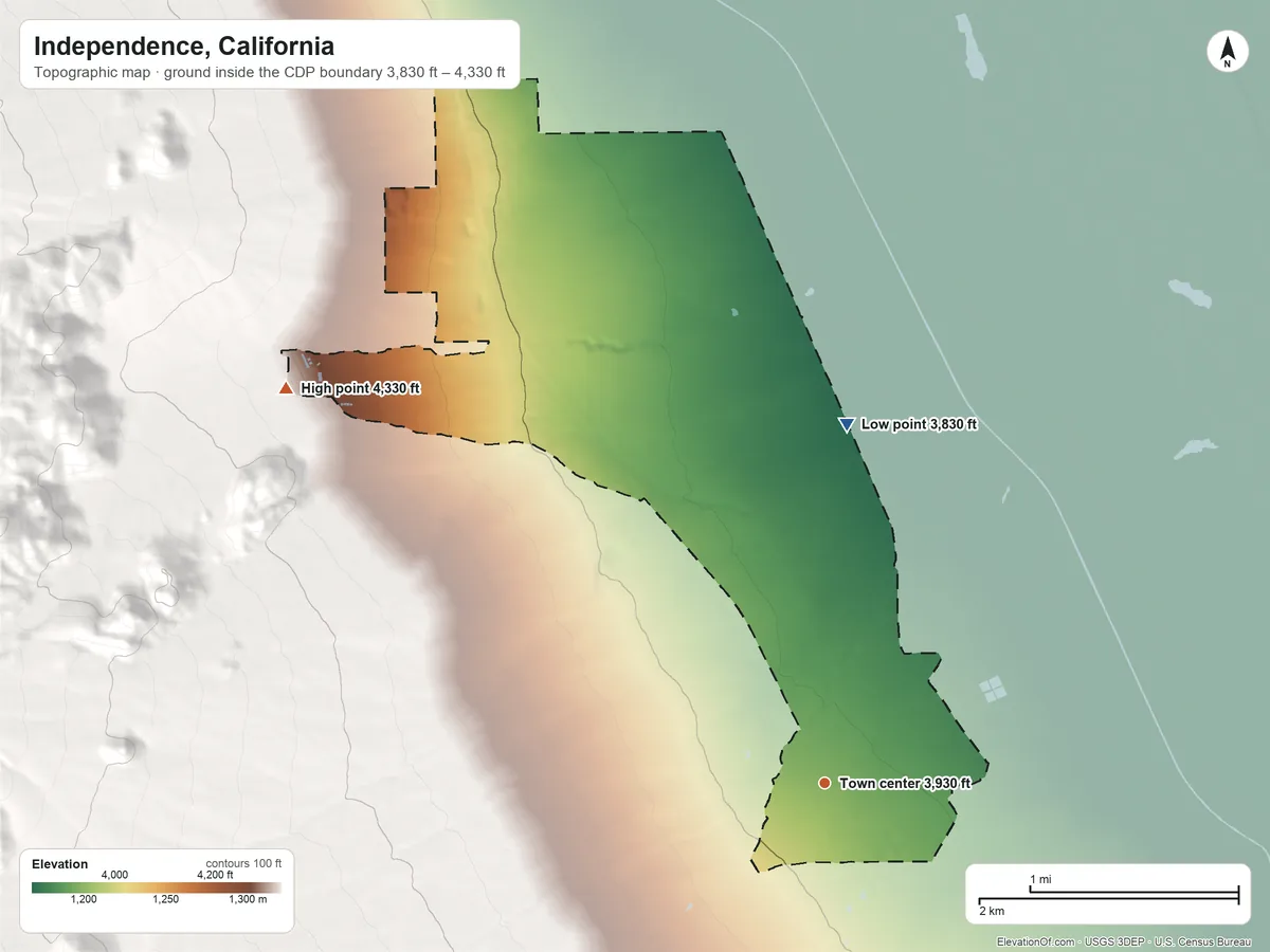 Topographic elevation map of Independence, California, shaded from 3,830 ft on the north side to 4,330 ft at the foot of the Alabama Hills