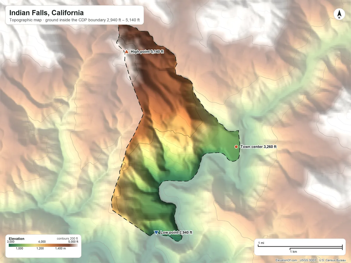 Topographic elevation map of Indian Falls, California, shaded from 2,940 ft on the southwest side to 5,140 ft on the northwest edge, below higher ground just outside