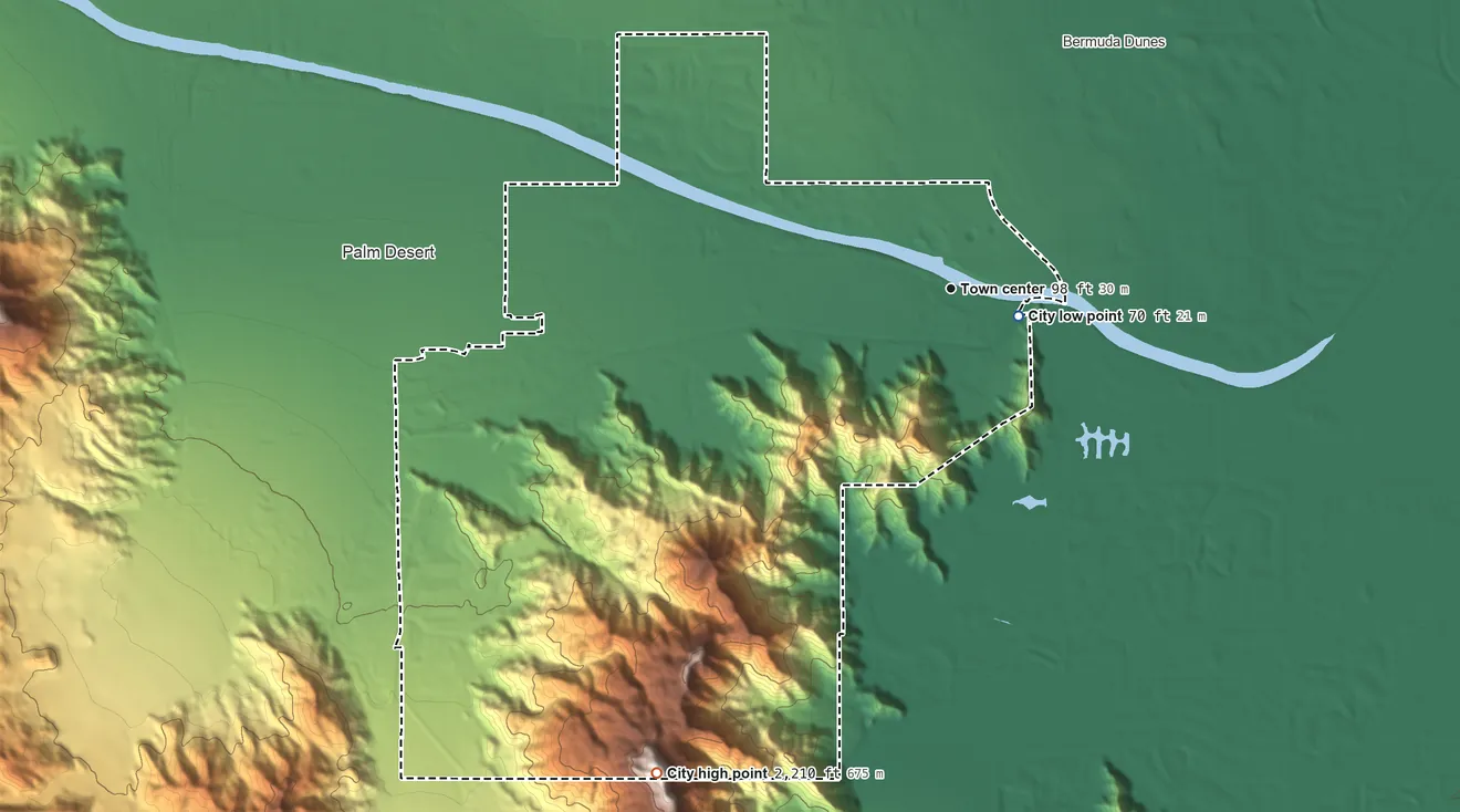 Topographic elevation map of Indian Wells, California, shaded from 70 ft near the middle to 2,210 ft on Indio Mountain