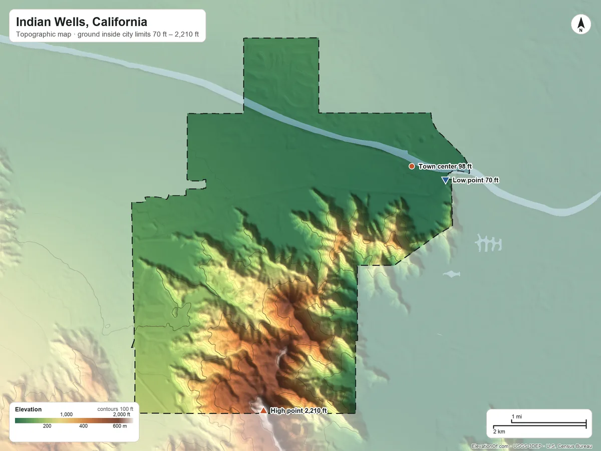 Topographic elevation map of Indian Wells, California, shaded from 70 ft near the middle to 2,210 ft on Indio Mountain