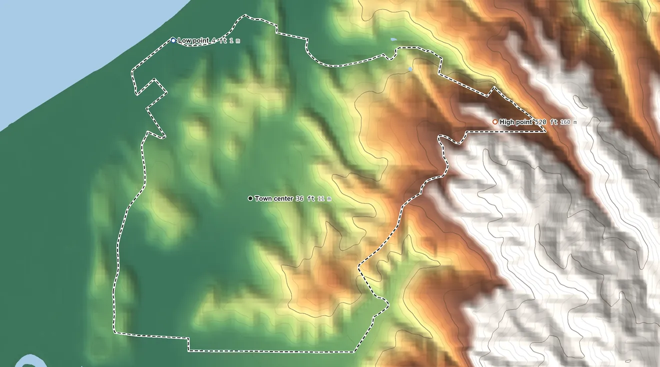 Topographic elevation map of Indianola, California, shaded from 4 ft on the northwest side to 520 ft on the east edge, below higher ground just outside