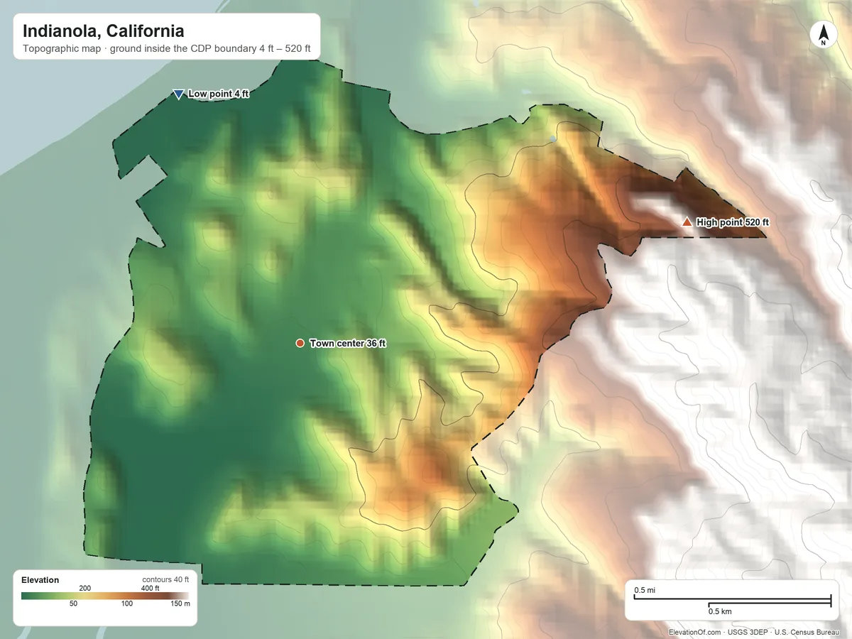 Topographic elevation map of Indianola, California, shaded from 4 ft on the northwest side to 520 ft on the east edge, below higher ground just outside