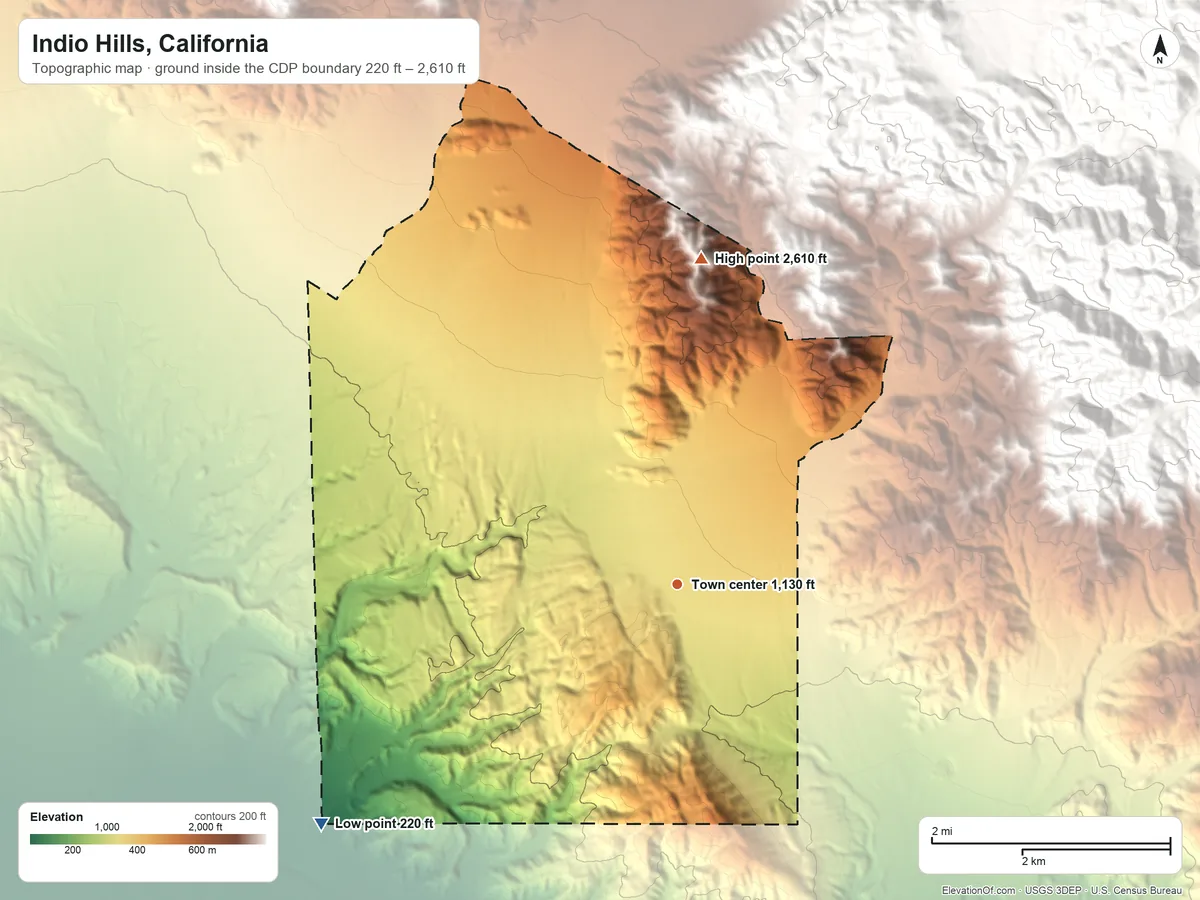 Topographic elevation map of Indio Hills, California, shaded from 220 ft on the southwest side to 2,610 ft at the foot of the Indio Hills