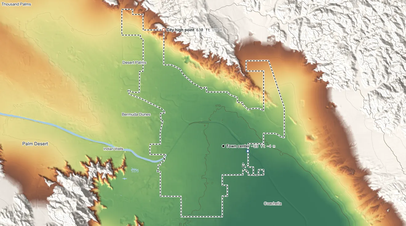Topographic elevation map of Indio, California, shaded from −56 ft near the middle to 630 ft at the foot of the Indio Hills