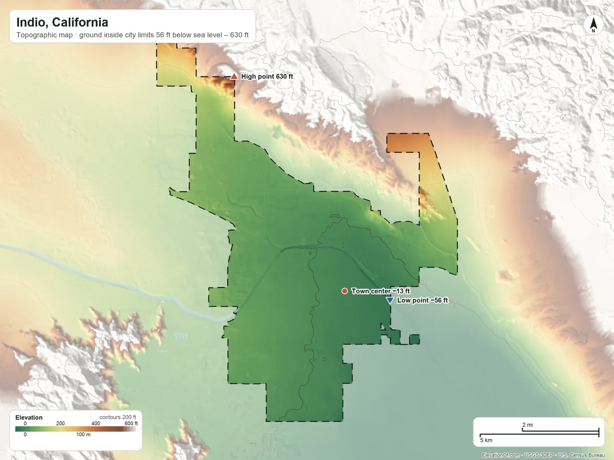 Topographic elevation map of Indio, California, shaded from −56 ft near the middle to 630 ft at the foot of the Indio Hills