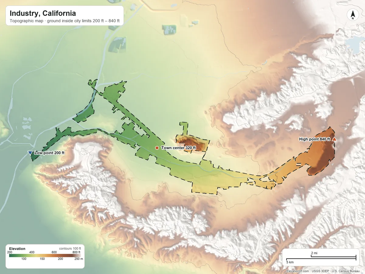 Topographic elevation map of Industry, California, shaded from 200 ft on the west side to 840 ft at the foot of the Puente Hills