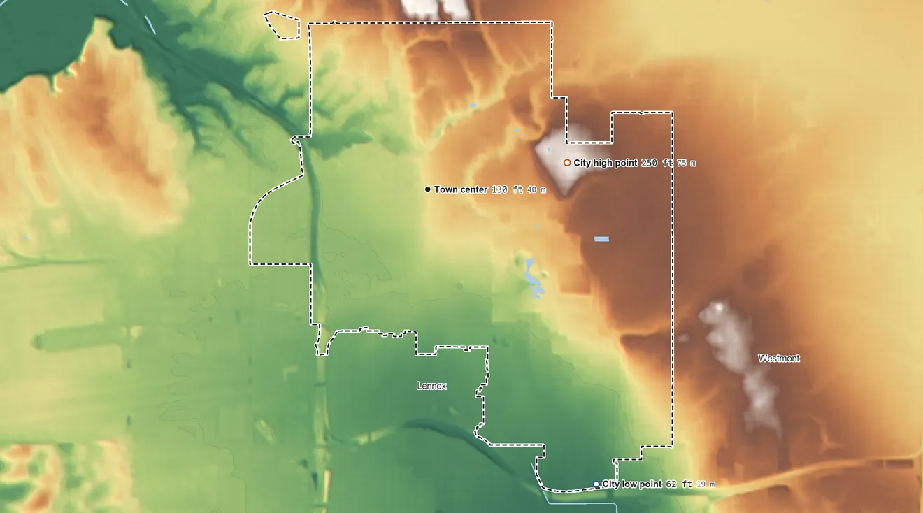 Topographic elevation map of Inglewood, California, shaded from 62 ft on the southeast side to 250 ft on the east side