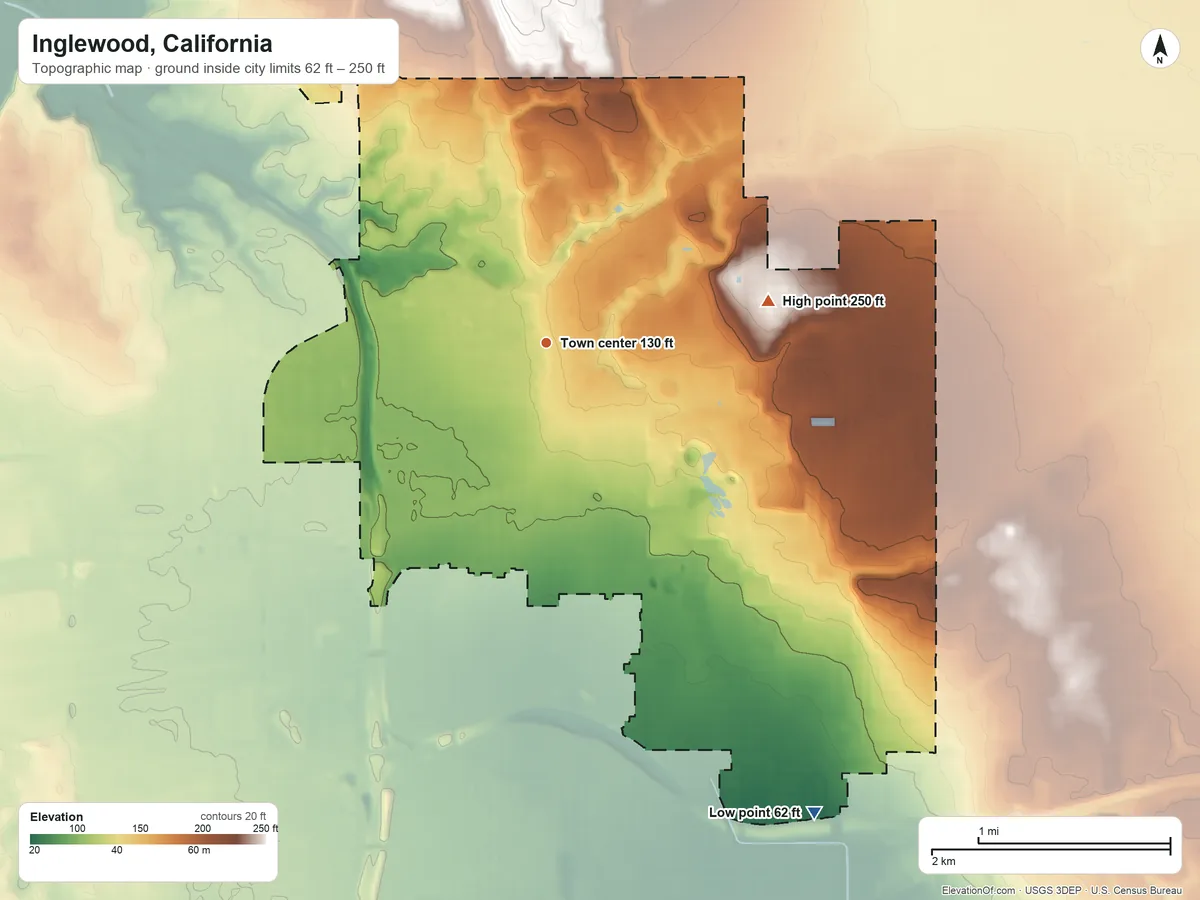 Topographic elevation map of Inglewood, California, shaded from 62 ft on the southeast side to 250 ft on the east side
