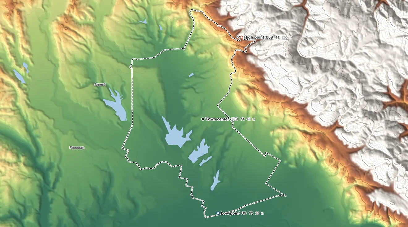 Topographic elevation map of Interlaken, California, shaded from 39 ft on the south side to 860 ft on the northeast edge, below higher ground just outside