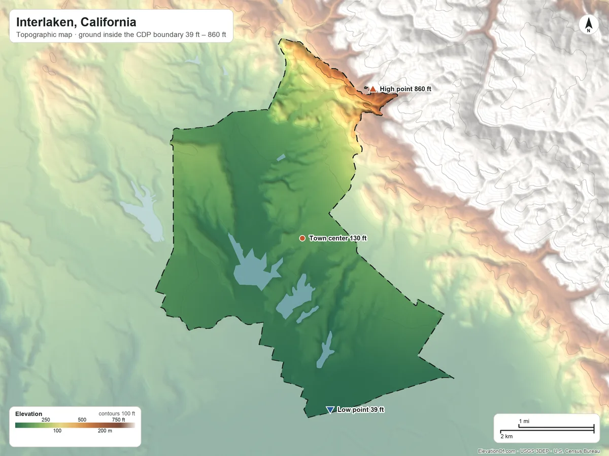 Topographic elevation map of Interlaken, California, shaded from 39 ft on the south side to 860 ft on the northeast edge, below higher ground just outside