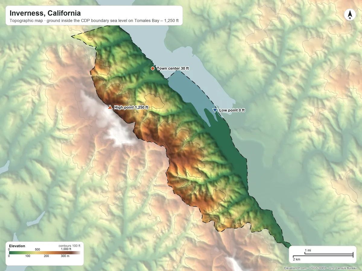 Topographic elevation map of Inverness, California, shaded from sea level level on Tomales Bay to 1,250 ft on the southwest edge, below higher ground just outside