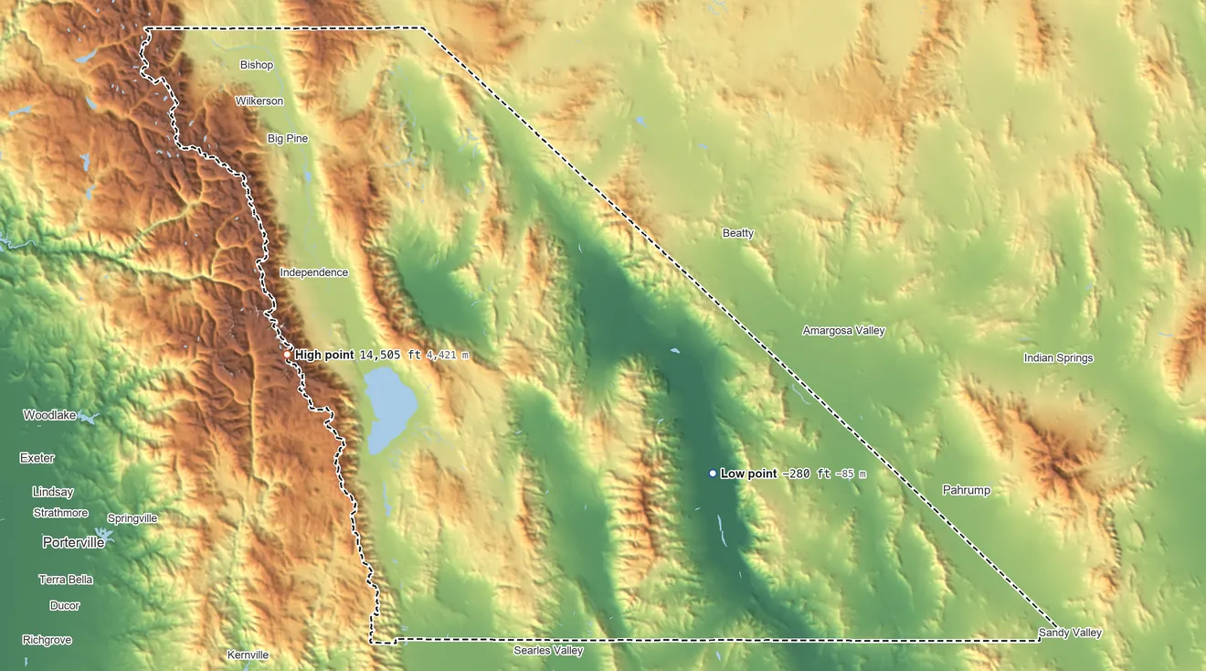 Topographic elevation map of Inyo County, California, shaded from 280 ft below sea level on the southeast side to 14,505 ft on Mount Whitney