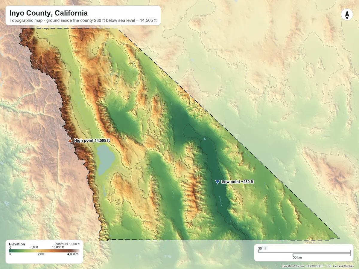 Topographic elevation map of Inyo County, California, shaded from 280 ft below sea level on the southeast side to 14,505 ft on Mount Whitney