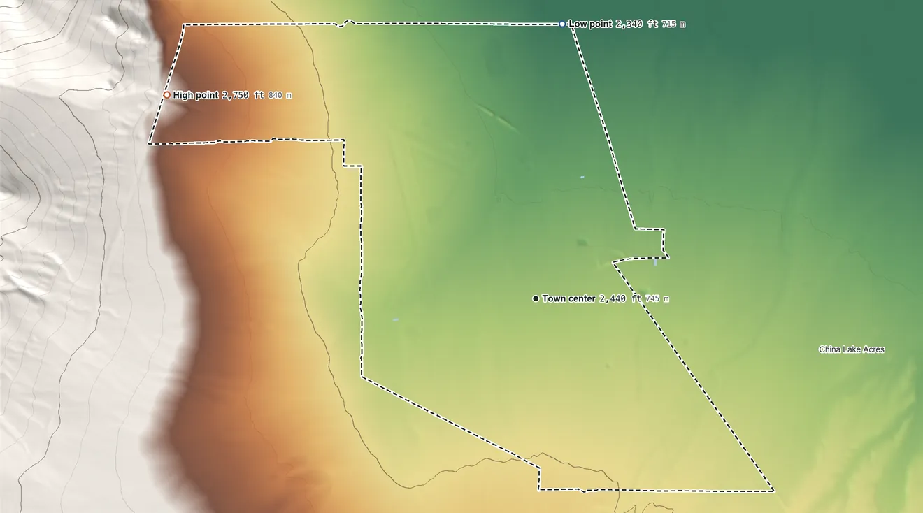 Topographic elevation map of Inyokern, California, shaded from 2,340 ft on the north side to 2,750 ft at the foot of the Scodie Mountains