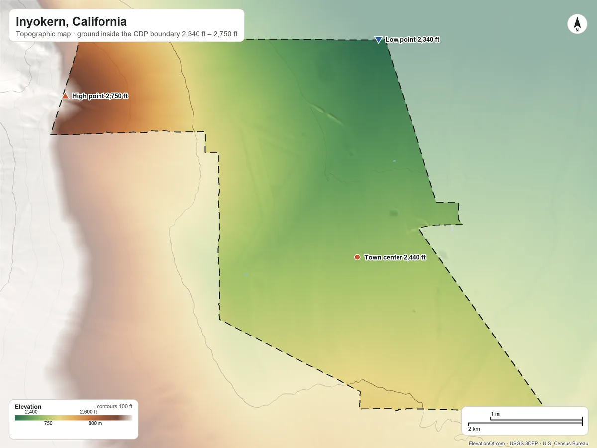 Topographic elevation map of Inyokern, California, shaded from 2,340 ft on the north side to 2,750 ft at the foot of the Scodie Mountains