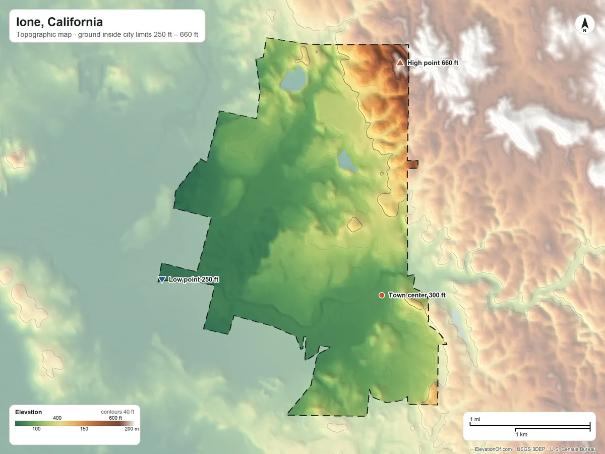 Topographic elevation map of Ione, California, shaded from 250 ft on the west side to 660 ft on the north side