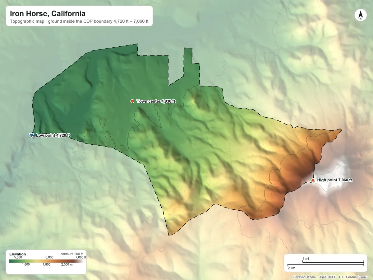 Topographic elevation map of Iron Horse, California, shaded from 4,720 ft on the west side to 7,060 ft on the southeast side