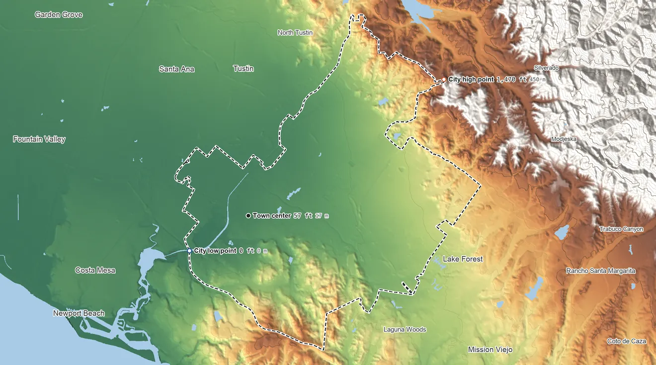 Topographic elevation map of Irvine, California, shaded from sea level level on Newport Bay to 1,470 ft on the northeast side