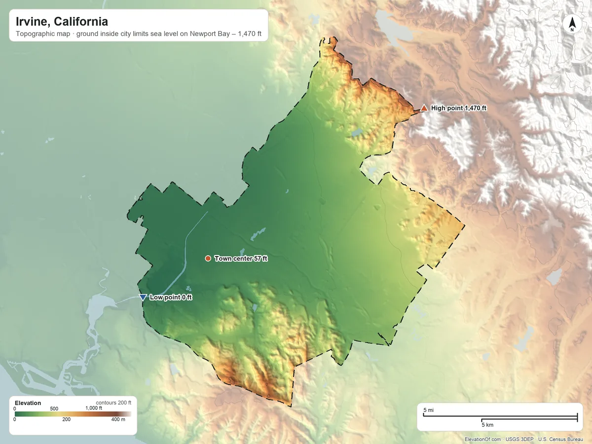 Topographic elevation map of Irvine, California, shaded from sea level level on Newport Bay to 1,470 ft on the northeast side
