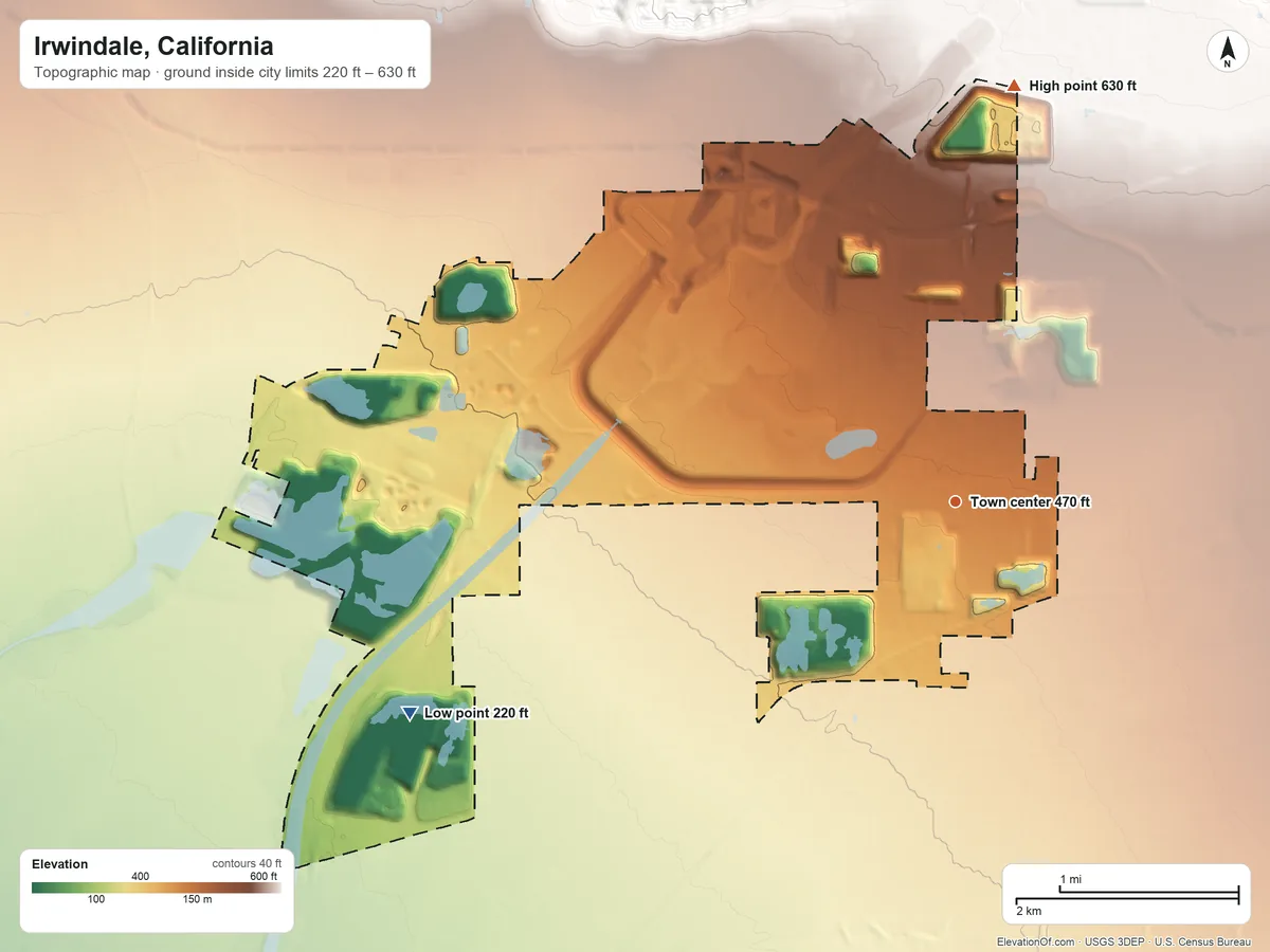 Topographic elevation map of Irwindale, California, shaded from 220 ft on the west side to 630 ft at the foot of the South Hills