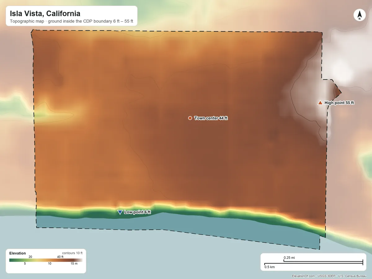 Topographic elevation map of Isla Vista, California, shaded from 6 ft on the southwest side to 55 ft on the east side